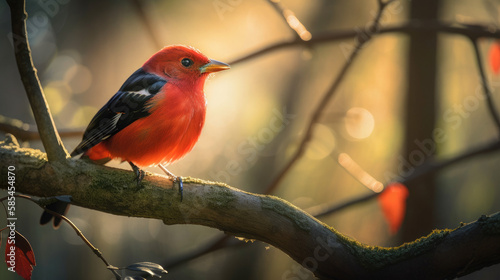 A Scarlet Tanager bird in morning light