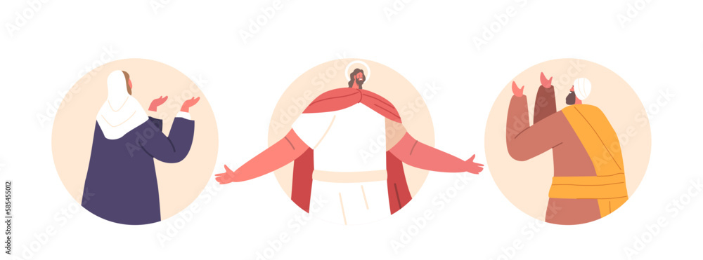 Jesus Christ and His Disciples Isolated Round Icons or Avatars. Son of God Character With Outstretched Arms Jesus Christ and His Disciples Isolated Round Icons or Avatars. Son of God Character With Outstretched Arms