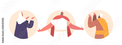 Jesus Christ and His Disciples Isolated Round Icons or Avatars. Son of God Character With Outstretched Arms