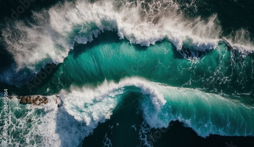 Spectacular aerial top view background photo of ocean sea water white wave splashing in the deep sea. Drone photo backdrop of sea wave in bird eye waves, Generate Ai