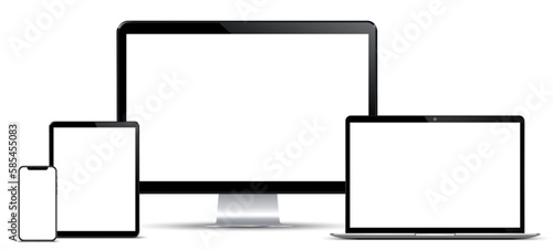 Set of mockup technology devices with empty display computer, laptop, tablet and mobile phone - vector