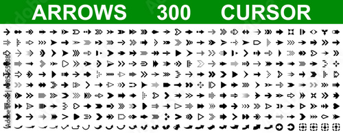 Set 300 arrow icons, collection different arrows sign, set different cursor arrow direction symbols in flat style, black arrows icons – stock vector