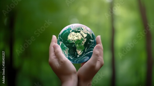 Hands holding green earth on Bokeh green Background, Saving environment, and environmentally sustainable. Save Earth. Concept of the Environment World Earth Day. Generative AI.