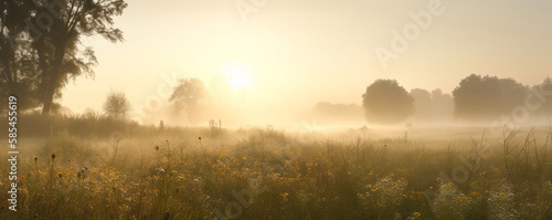 Damp meadow in the morning with sunrise and misty haze - Generative AI © Zerbor