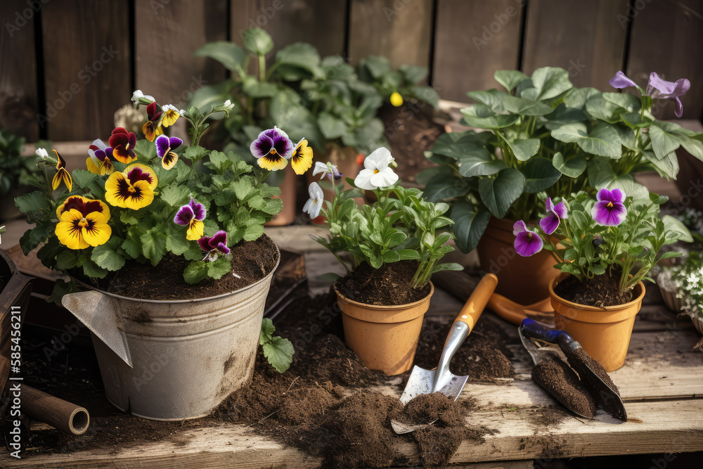 Gardener Planting Pansy With With Flowerpots And Tools 