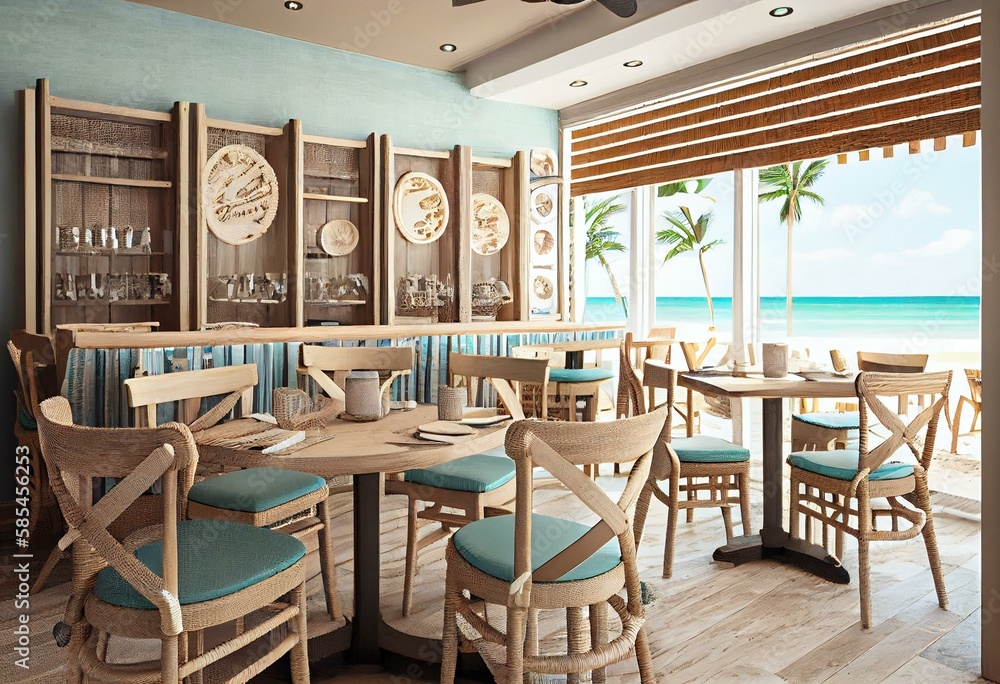 A beachfront restaurant with a relaxed coastal theme, featuring light wooden furniture, wicker accents, and ocean-inspired decor. Generative AI