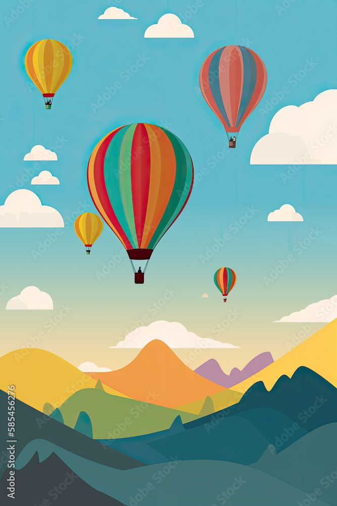 Hot air balloons - Minimalistic flat design landscape illustration. Image for a wallpaper, background, postcard or poster. Generative AI