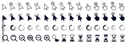 Set of flat cursor icons in hand and arrow form. Mouse click cursor set. Arrow and hand pointer, loading, progress – for stock
