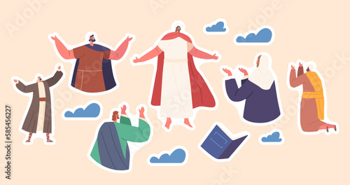 Set of Stickers Jesus Christ Ascension Theme. Jesus Rising Into The Sky with Clouds, Disciples Praying Isolated Patches