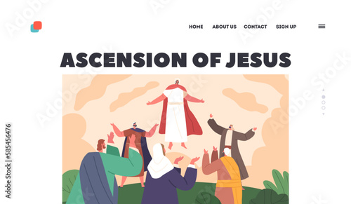 Ascension Of Jesus Landing Page Template. Jesus Christ Character Rising Into Sky As His Disciples Look On In Wonder