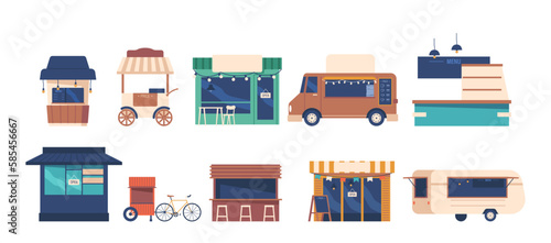 Set of Coffee Houses and Booths With Cozy Seating And Wooden Decor With A Laid-back Atmosphere Cartoon Illustration