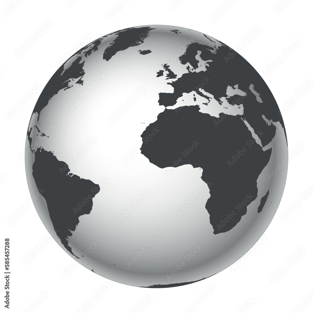 Earth globe - world map with continents on planet Earth, black and white vector illustration