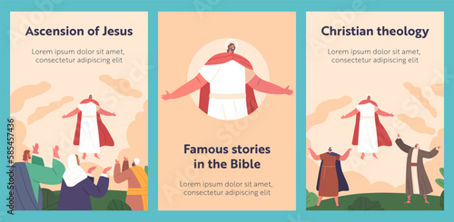 Ascension Of Jesus Cartoon Banners. Jesus Christ Rising Into Sky and His Disciples Look On In Wonder Spiritual Moment