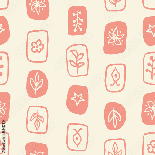 Seamless pattern with botanical icons on beige background. Cute  simple and hand drawn flowers and leaves outlined all over print.