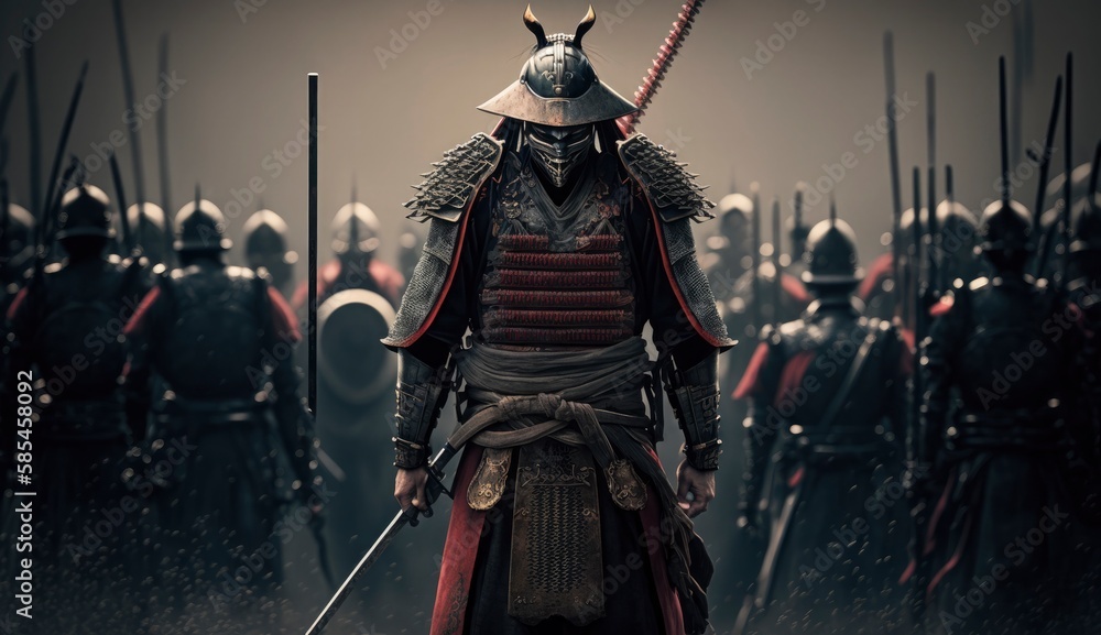Fototapeta premium A samurai with a katana stands ready to fight against a huge army. Generate Ai 