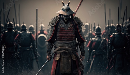 A samurai with a katana stands ready to fight against a huge army. Generate Ai 