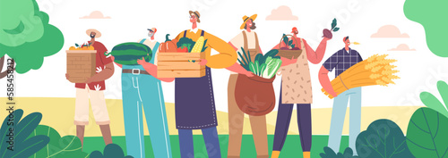 Farmers Group with Crops. Tireless Male and Female Rancher Characters With Fresh Produce And Sustenance