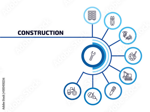 construction infographic element with outline icons and 9 step or option. construction icons such as spanner, big clo, two screws, pallete, derrick with box, clippers, angle grinder, steamroller