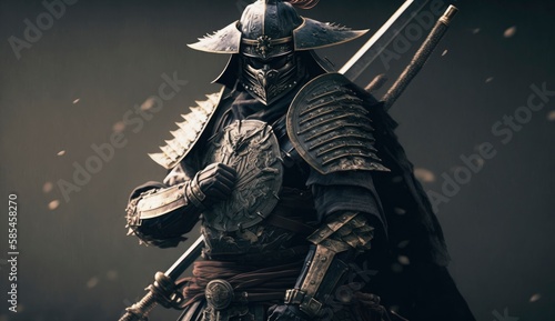 illustration painting A samurai with a katana stands ready to fight against a huge army. 3D illustration. 3D illustration, digital art style, Generate Ai