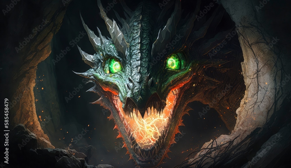 Huge medieval dragon with glowing green eyes and flames in a dark cave. Mythical creature. Concept art of the dragon head in the Gothic style, Generate Ai Huge medieval dragon with glowing green eyes and flames in a dark cave. Mythical creature. Concept art of the dragon head in the Gothic style, Generate Ai