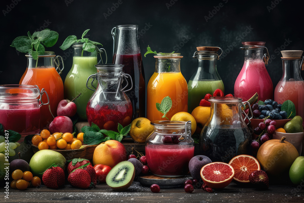 Panoramic food background with assortment of fresh fruits and vegetables juices in rainbow colors on the table Generative AI Panoramic food background with assortment of fresh fruits and vegetables juices in rainbow colors on the table Generative AI