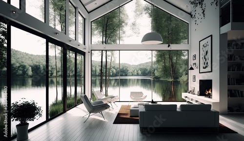 Modern house white spanish style on a lake interior lights, Generative AI Technology  © Dniel