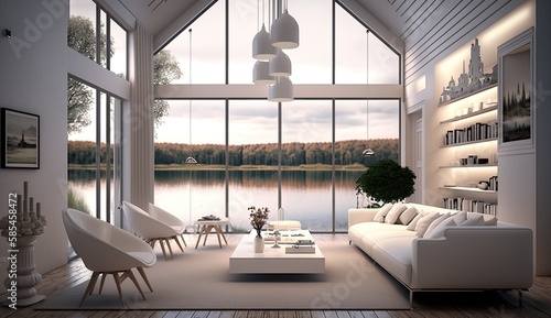 Modern house white spanish style on a lake interior lights  Generative AI Technology 