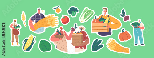 Set Of Stickers Farmers With Crops. Male And Female Rancher Characters With Fresh Agricultural Produce Isolated Patches