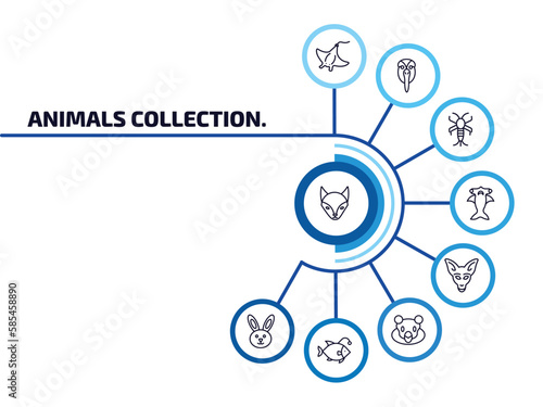 animals collection. infographic element with outline icons and 9 step or option. animals collection. icons such as fox, manta ray, silverfish, hummerhead, kangaroo, snigir, angler, rabbit vector.