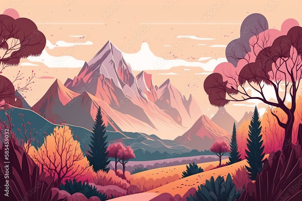 Pastel colors gentle landscape of nature, mountains, spring season, Generative AI