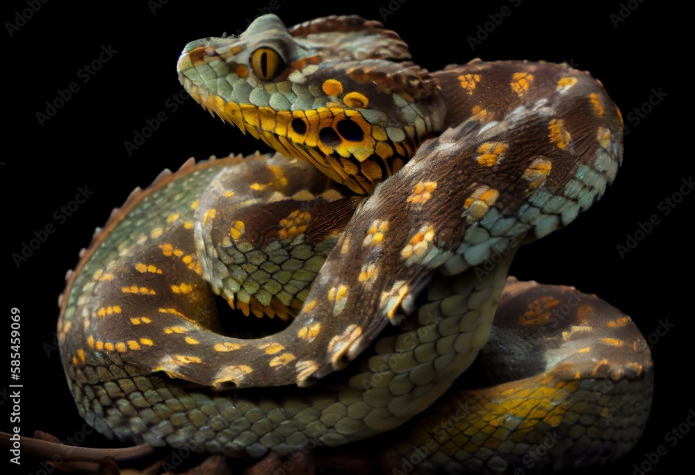 Brown spotted green pitviper or pit viper, curled up with head high. High detail. Looking towards camera. Isolated cutout on transparent background. Generative AI Brown spotted green pitviper or pit viper, curled up with head high. High detail. Looking towards camera. Isolated cutout on transparent background. Generative AI