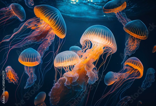 multiple jellyfish in ocean, ocean animals, art illustration. Generative AI