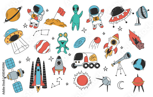 Space rocket astronaut planet cute alien doodle line style concept set. Vector graphic design illustration