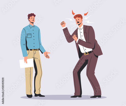 Aggressive angry annoyed boss man character screams on worker. Vector graphic design illustration