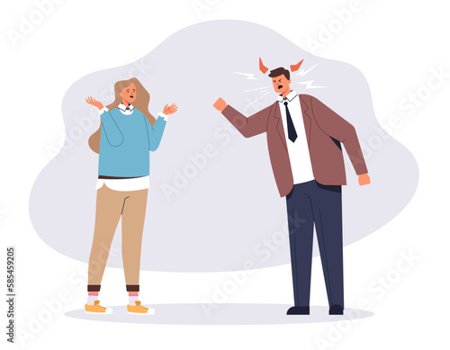 Aggressive angry annoyed boss man character screams on worker. Vector graphic design illustration