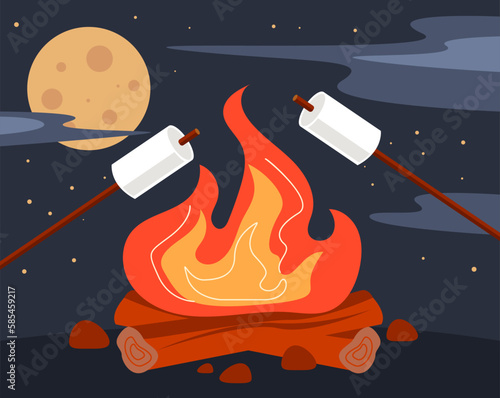 Bonfire with marshmallow. Vector flat cartoon illustration