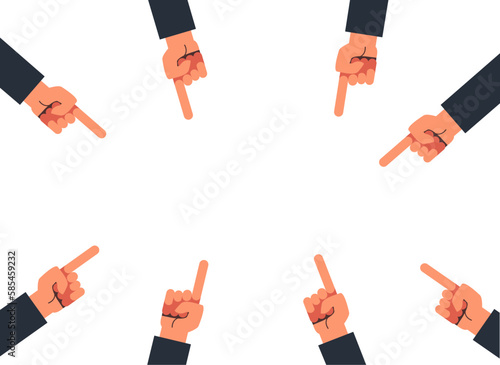 Blaming shaming pointing hands. Humiliation aggression concept. Vector flat cartoon illustration