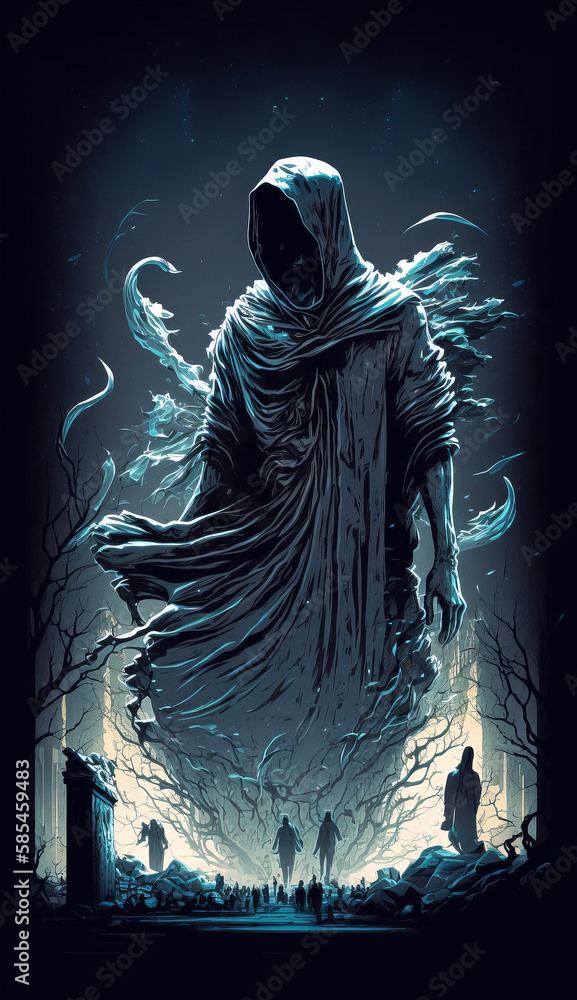 The Grim Reaper standing against a cloudy dramatic night sky. Death in a black hoodie. The Grim Reaper standing against a cloudy dramatic night sky. Death in a black hoodie.