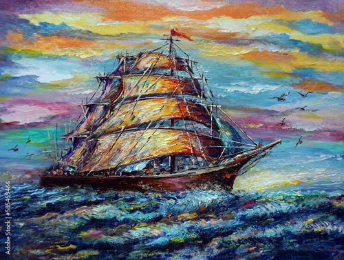 Art painting oil color   barque lucky ,  sailboat ,  junk  boat