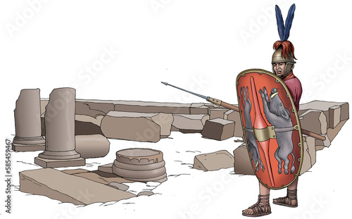 Photography Ancient Rome - Roman soldier in front of the ruins of a temple