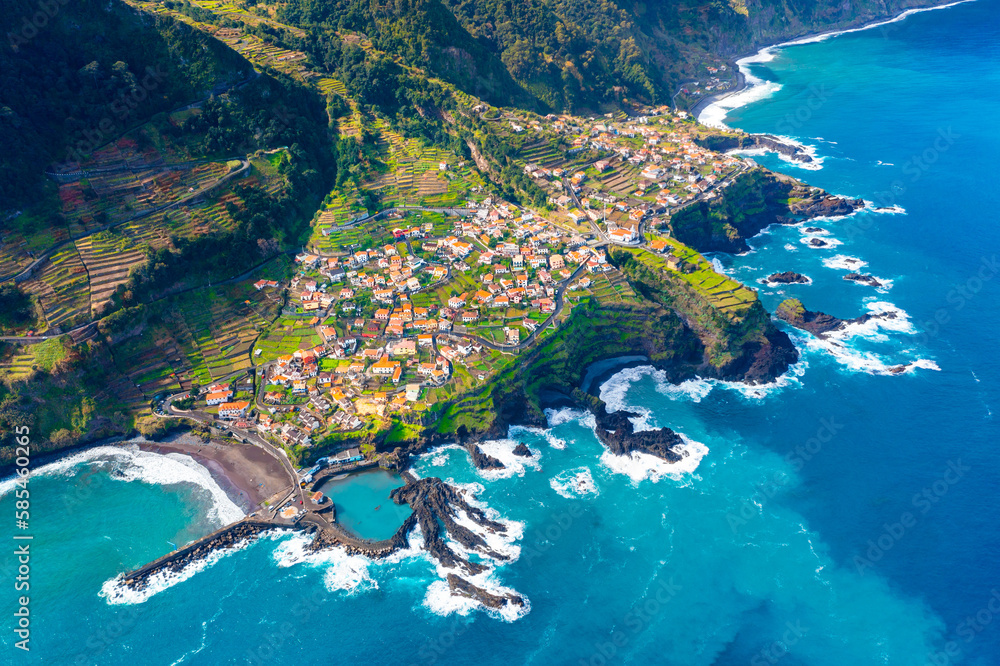 Aerial view of Madeira island. Land meets ocean in Seixal, Madeira, Portugal