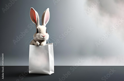 ai generated image with easter cute bunny rabbit holding flower bouquet shopping bag with sunglasses on eye amazed shocked or smiling face.cute animal on paper bag drawn isolated mock up banner