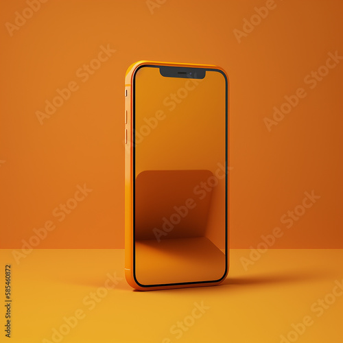 Orange smartphone on an orange background. Generative AI.