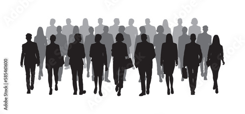 Crowd people walking on the street front view vector silhouette.