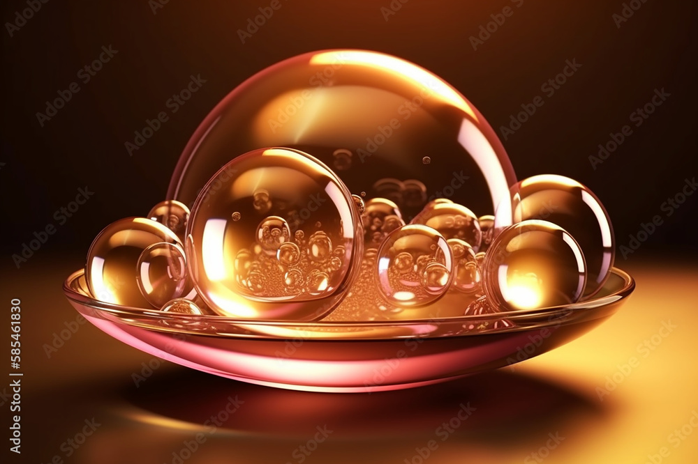 Luxurious Golden Metallic Glass Sphere Cosmetics with Collagen Drops for Skin Care - 3D Render. Generative AI.