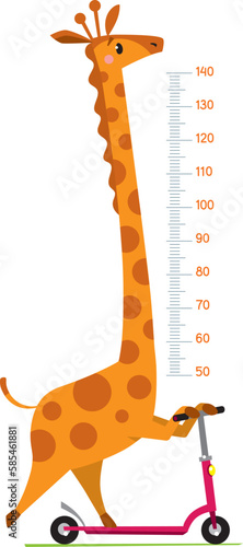 Giraffe on scooter. Meter wall or height chart