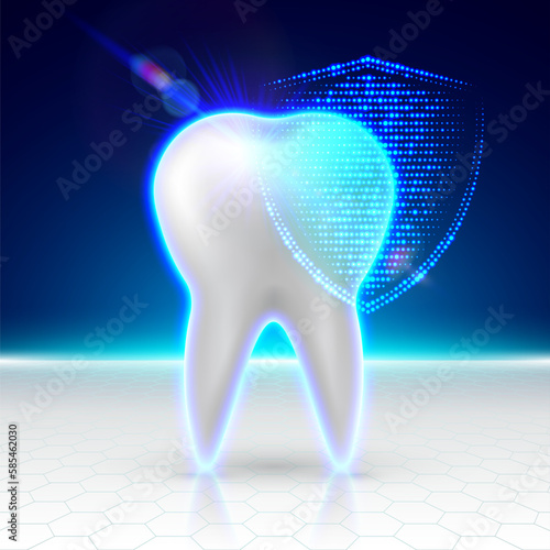 White tooth protected by glowing digital shield. Anti-caries protection. Futuristic modern style. 3D Vector illustration.