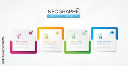 Business infographic design square template with icons and 4 options or steps. Abstract elements of graph, diagram, parts or processes. Vector template for presentation.