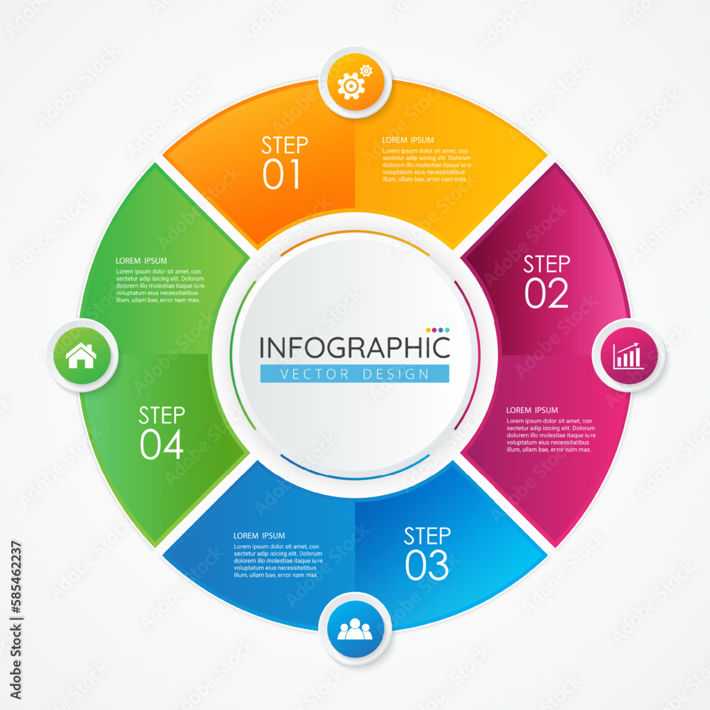 Business circle chart infographic design template with icons and 4 options or steps for presentations, advertising, layouts, annual reports. Vector illustration EPS10. Business circle chart infographic design template with icons and 4 options or steps for presentations, advertising, layouts, annual reports. Vector illustration EPS10.