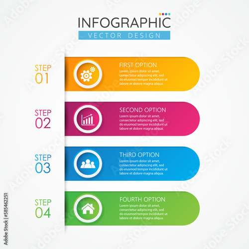 Timeline infographic design template with icons and 4 options or steps. Abstract elements of graph, diagram, parts or processes. Vector template for presentation.